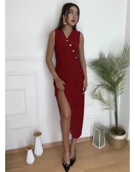 Kadın Düğme Detay Kolsuz Maxi Boy Elbise