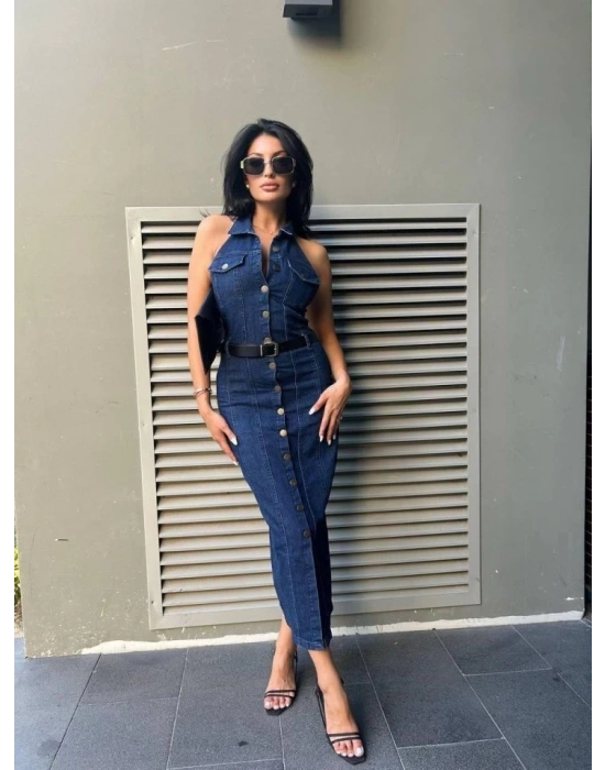 Kadın Düğme Detaylı Belden Kemerli ırt Dekolte Kot Elbise