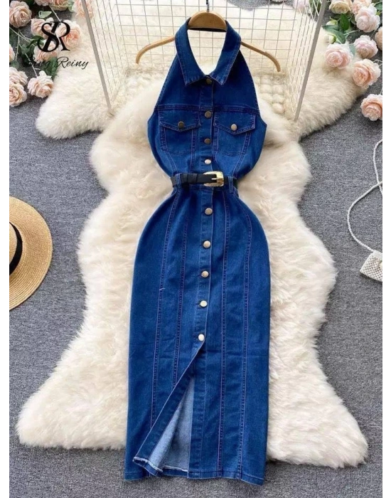 Kadın Düğme Detaylı Belden Kemerli ırt Dekolte Kot Elbise