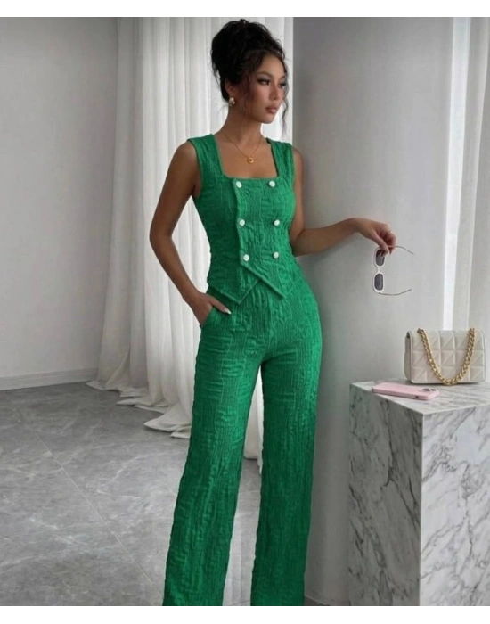 Kadın Düğmeli Bürümcük Kumaş Takım