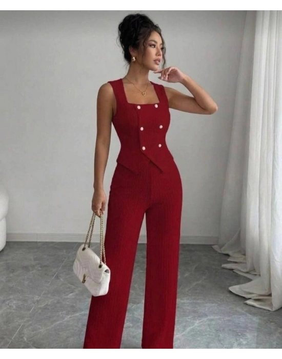 Kadın Düğmeli Bürümcük Kumaş Takım