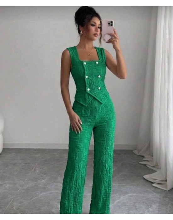 Kadın Düğmeli Bürümcük Kumaş Takım