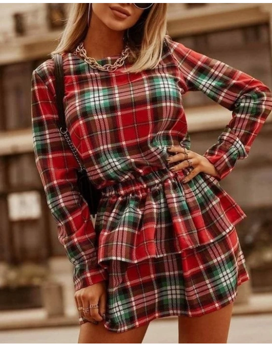 Kadın Ekose Kumaş Dijital Baskılı Uzun Kollu Mini Boy Elbise