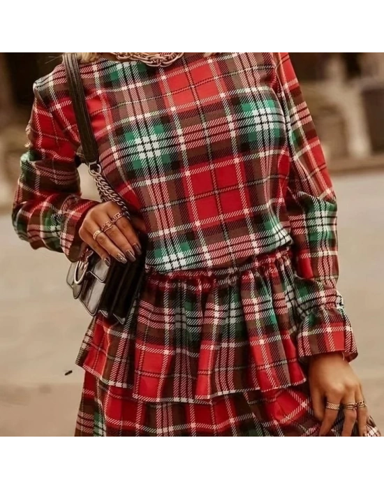 Kadın Ekose Kumaş Dijital Baskılı Uzun Kollu Mini Boy Elbise