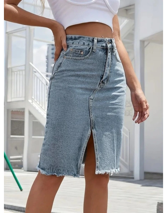 Kadın Elastik Bel Yırtık Kenar Detaylı Kot Etek