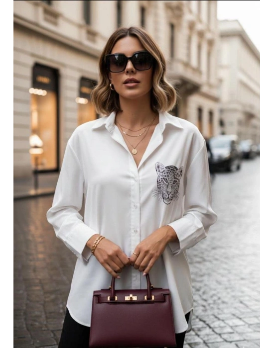 Kadın Leopar Baskılı Taş Işlemeli Jessica Kumaş Gömlek