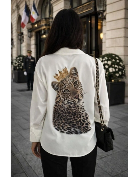 Kadın Leopar Baskılı Taş Işlemeli Jessica Kumaş Gömlek