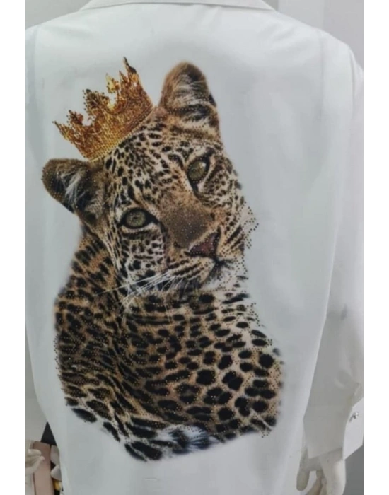 Kadın Leopar Baskılı Taş Işlemeli Jessica Kumaş Gömlek
