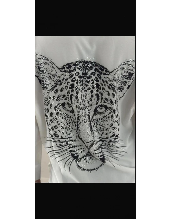 Kadın Leopar Baskılı Taş Işlemeli Jessica Kumaş Gömlek