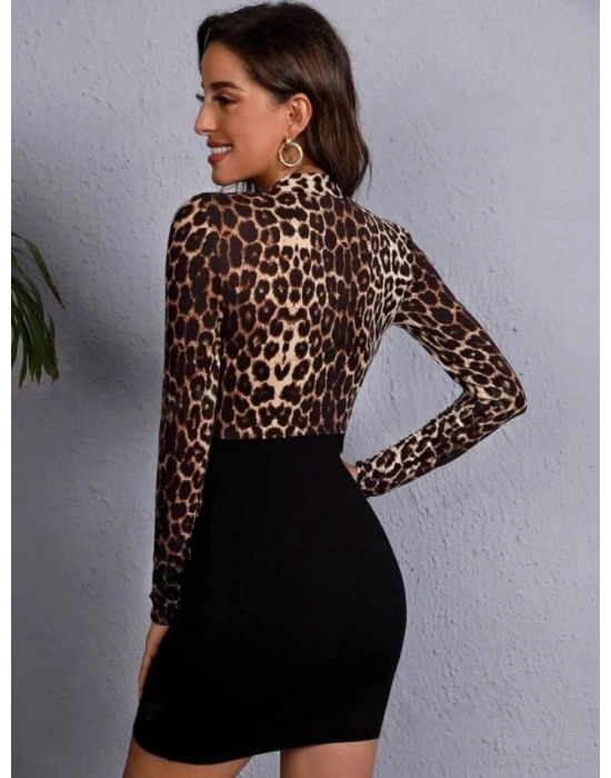 Kadın Leopar Desen Baskılı Kruvaze Yaka ini Elbise