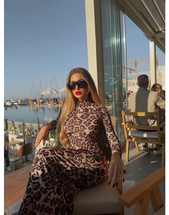 Kadın eopar Desenli Sırt Dekoltelı axı Boy Elbise