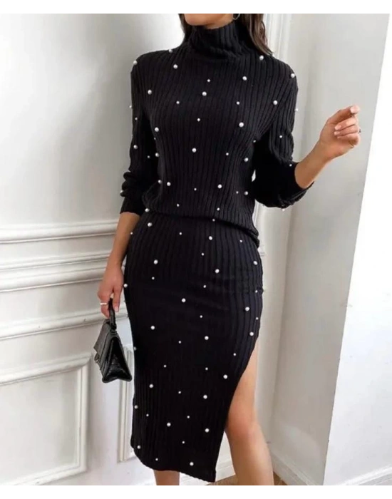 Kadın Eteği Yırtmaçlı Ottoman Kumaş Inci Detaylı Ikili Takım