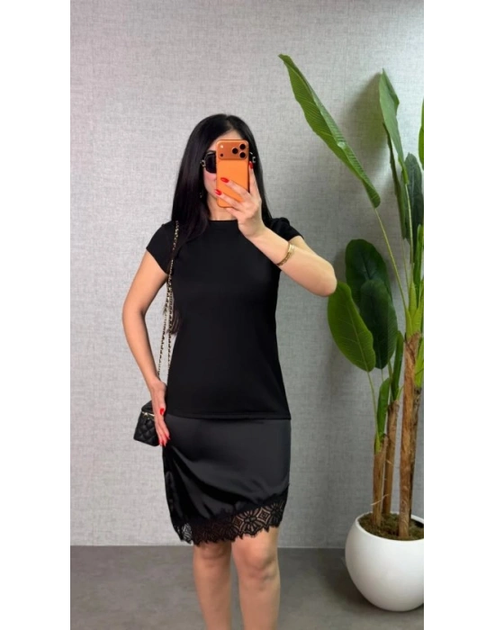 Kadın Etek Ucu Dantel Detaylı aten Kumaş Elbise