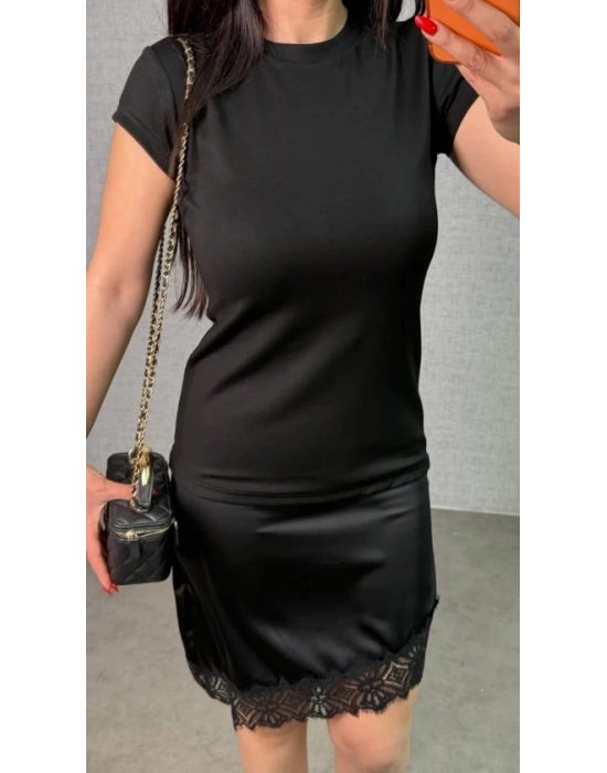 Kadın Etek Ucu Dantel Detaylı aten Kumaş Elbise