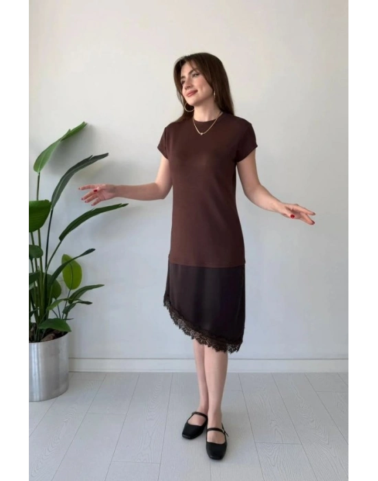 Kadın Etek Ucu Dantel Detaylı aten Kumaş Elbise