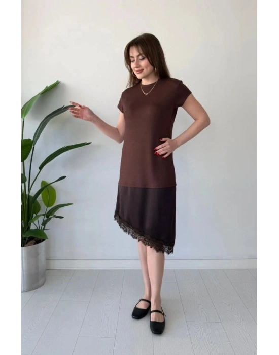 Kadın Etek Ucu Dantel Detaylı aten Kumaş Elbise