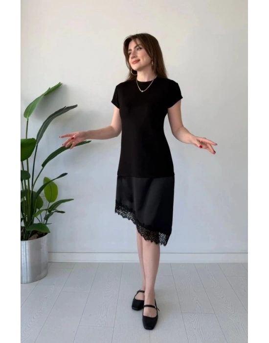 Kadın Etek Ucu Dantel Detaylı aten Kumaş Elbise