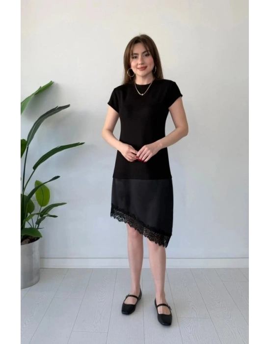 Kadın Etek Ucu Dantel Detaylı aten Kumaş Elbise