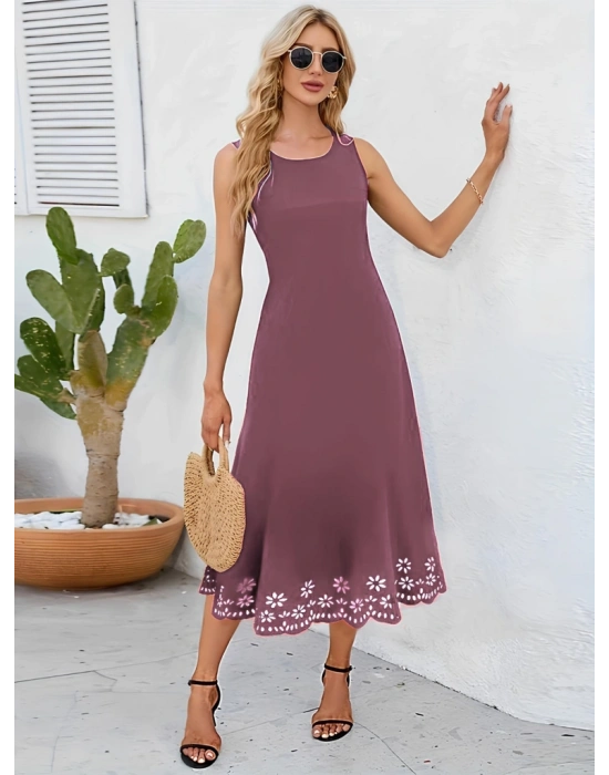 Kadın Etek Ucu Lazer Kesim çiçek Desenli Midi Boy Ithal Krep Elbise