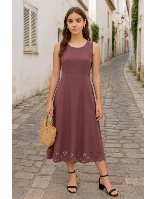 Kadın Etek Ucu Lazer Kesim çiçek Desenli Midi Boy Ithal Krep Elbise