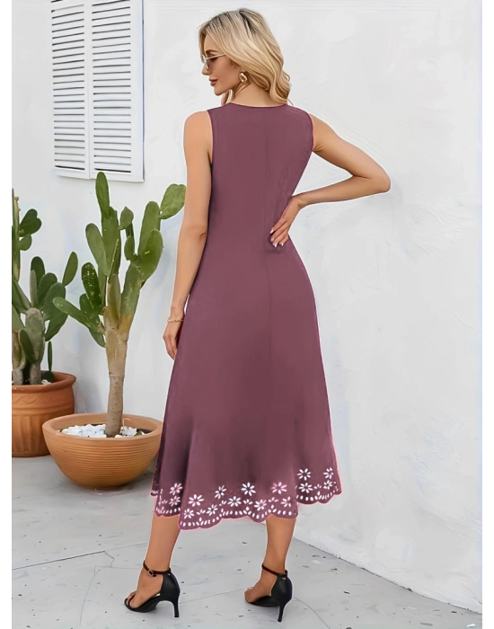 Kadın Etek Ucu Lazer Kesim çiçek Desenli Midi Boy Ithal Krep Elbise