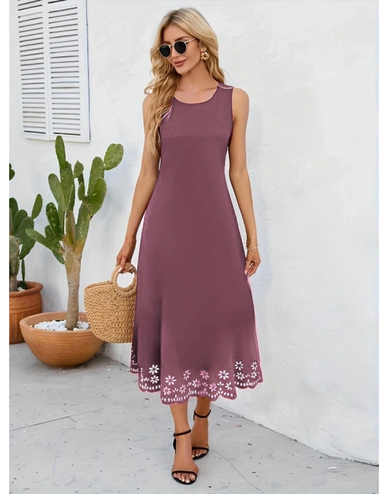 Kadın Etek Ucu Lazer Kesim çiçek Desenli Midi Boy Ithal Krep Elbise