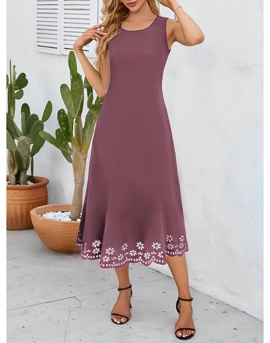 Kadın Etek Ucu Lazer Kesim çiçek Desenli Midi Boy Ithal Krep Elbise