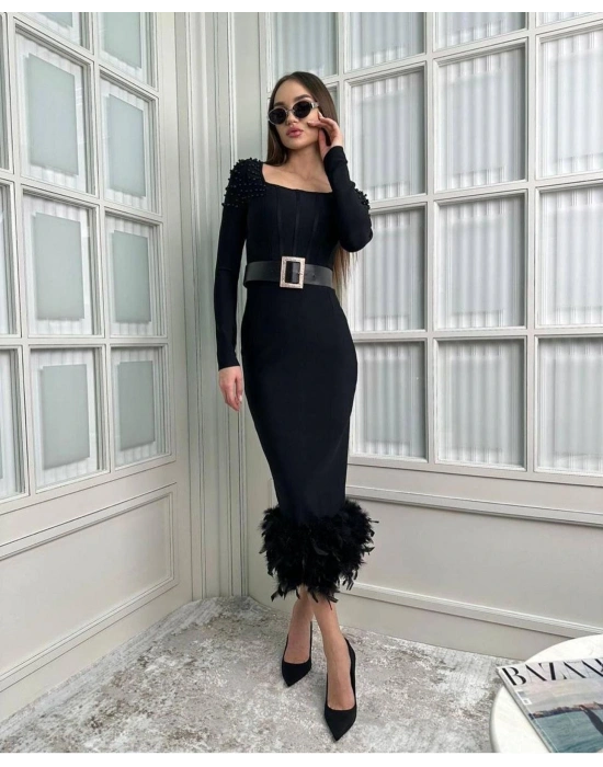 Kadın Etek Ucu Otriş Yakası Inci Detayli Midi Boy Elbise