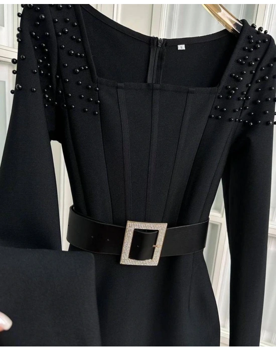 Kadın Etek Ucu Otriş Yakası Inci Detayli Midi Boy Elbise