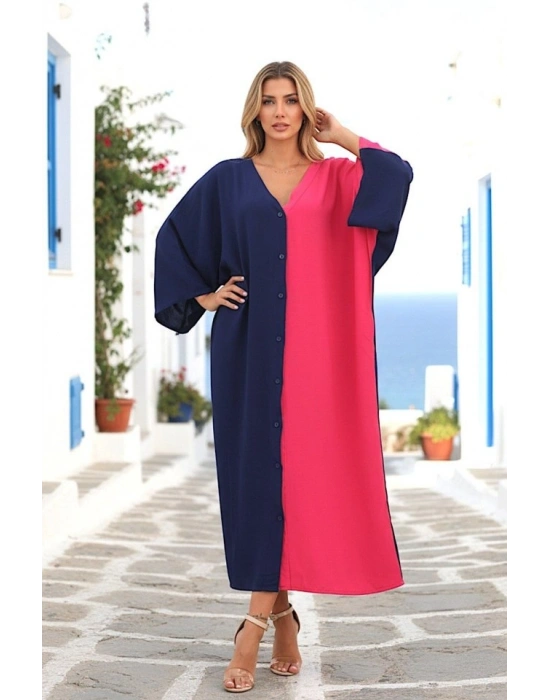 Kadın Fakir Kol Arkası Etnik Desen Baskılı önü Full Düğme Detay çok Renkli Elbise