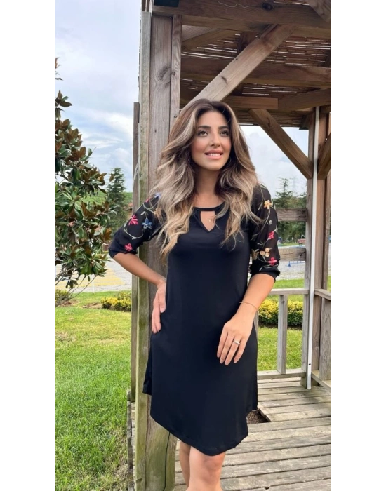 Kadın Fakir Kol Bisiklet Yaka çiçek Desen Sandy Salaş Kısa Elbise