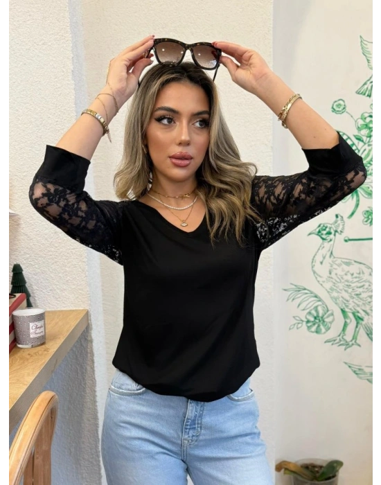 Kadın Fakir Kol V Yakalı Dantelli Viskon Bluz