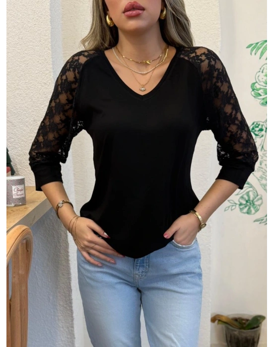 Kadın Fakir Kol V Yakalı Dantelli Viskon Bluz