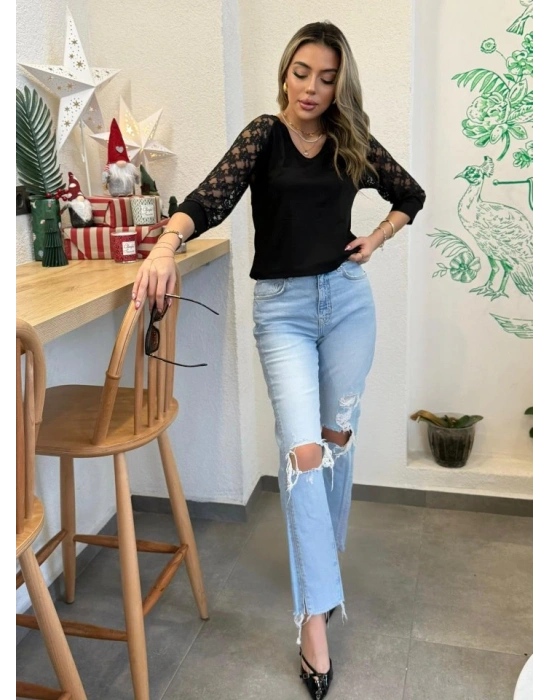 Kadın Fakir Kol V Yakalı Dantelli Viskon Bluz