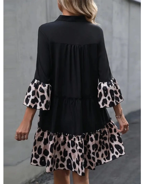 Kadın Fakir Kol V Yakalı Leopar Desen Detaylı Trikoton Elbise