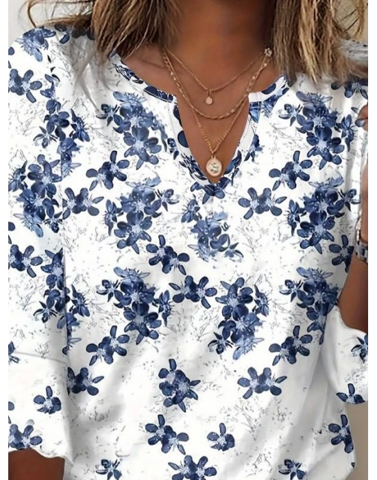 Kadın Fakir Kollu Fırfırlı V Yakalı çiçek Desenli Ithal Keten Bluz