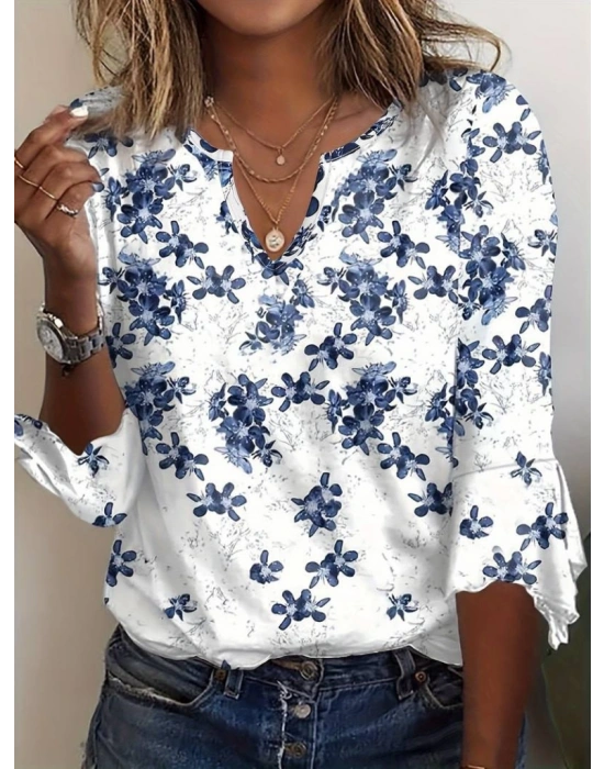 Kadın Fakir Kollu Fırfırlı V Yakalı çiçek Desenli Ithal Keten Bluz