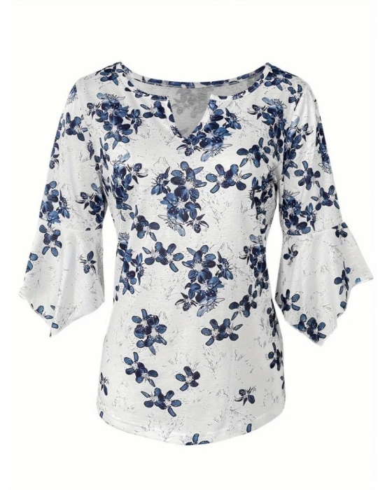 Kadın Fakir Kollu Fırfırlı V Yakalı çiçek Desenli Ithal Keten Bluz
