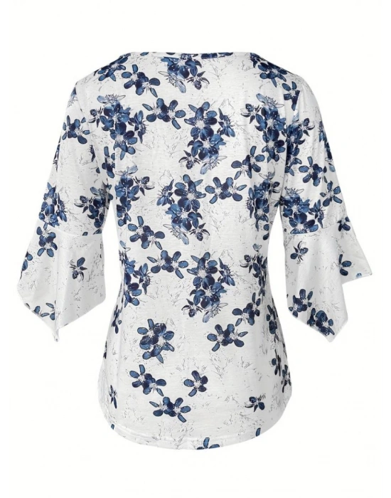 Kadın Fakir Kollu Fırfırlı V Yakalı çiçek Desenli Ithal Keten Bluz