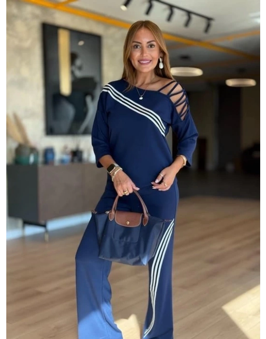 Kadın Fakir Kollu Omuz Dekolteli çapraz Ribana Detay Bluz Ve Pantolon Ikili Takım