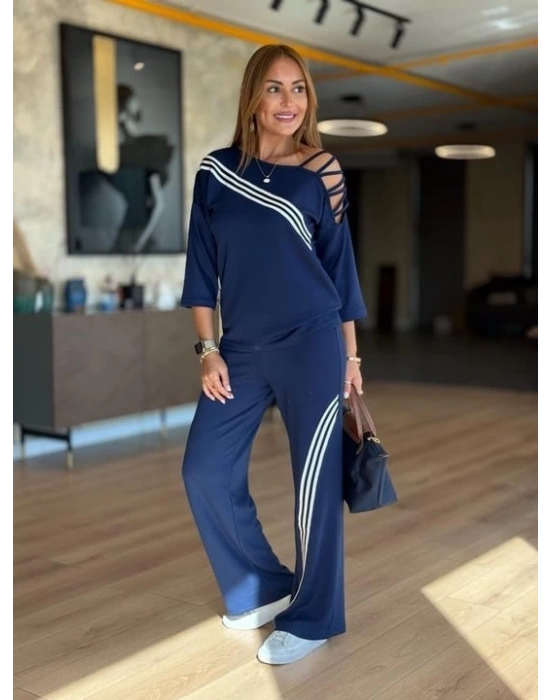 Kadın Fakir Kollu Omuz Dekolteli çapraz Ribana Detay Bluz Ve Pantolon Ikili Takım