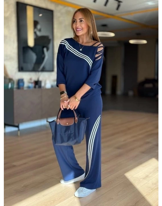 Kadın Fakir Kollu Omuz Dekolteli çapraz Ribana Detay Bluz Ve Pantolon Ikili Takım