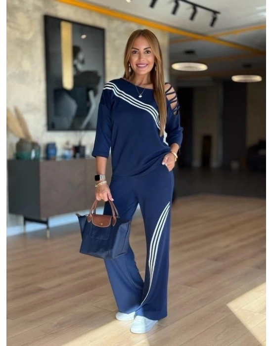 Kadın Fakir Kollu Omuz Dekolteli çapraz Ribana Detay Bluz Ve Pantolon Ikili Takım