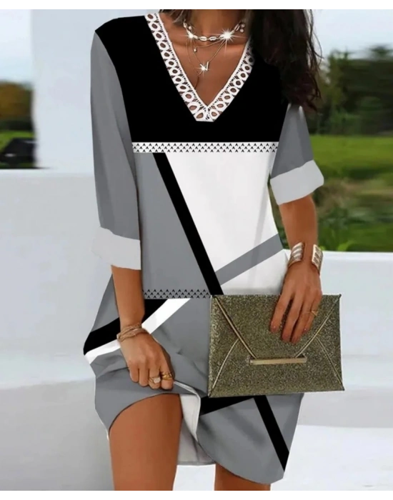 Kadın Fakir Kollu V Dantel Yaka Geometrik Desenli Dalgıç Elbise