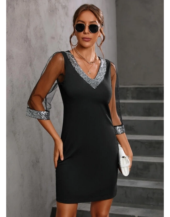 Kadın Fakir Kollu V Yaka Kollar Tüllü Yaka Ve Bilekler Payet Detay Krep Elbise