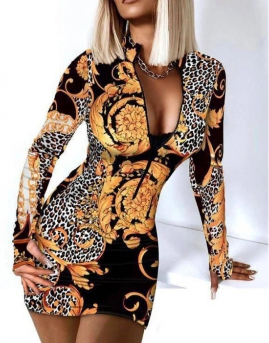 Kadın Fermuar Detay Dalgıç Kumaş Desenli Elbise