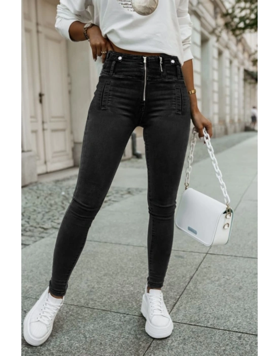 Kadın Fermuar Detay Yüksek Kemerli Kot Pantolon