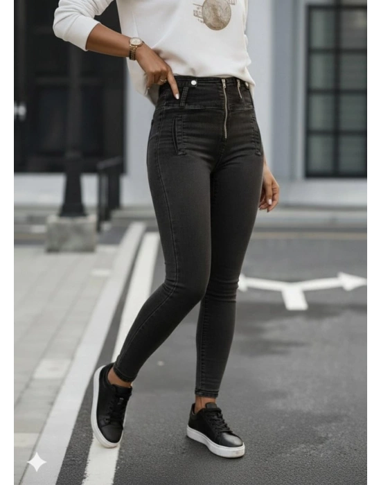 Kadın Fermuar Detay Yüksek Kemerli Kot Pantolon