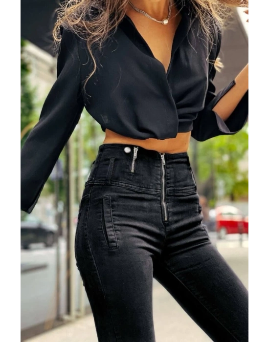 Kadın Fermuar Detay Yüksek Kemerli Kot Pantolon