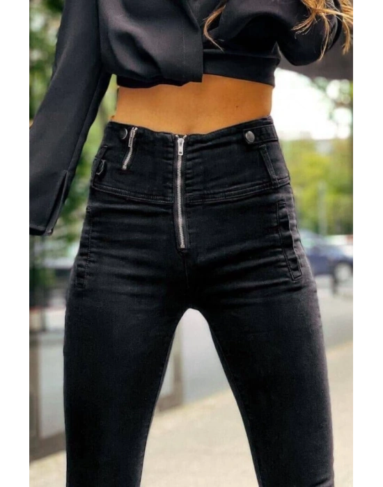 Kadın Fermuar Detay Yüksek Kemerli Kot Pantolon